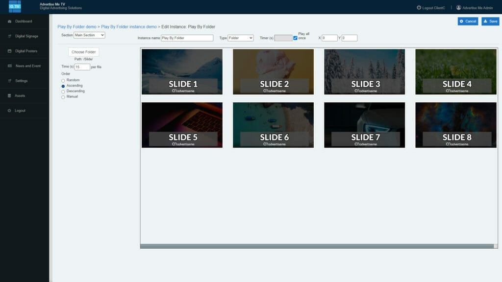 Advertise Me TV Digital Signage Software Play By Folder Ascending