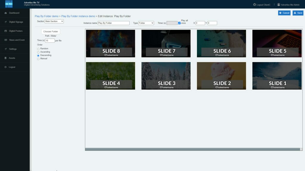 Advertise Me TV Digital Signage Software Play By Folder Descending