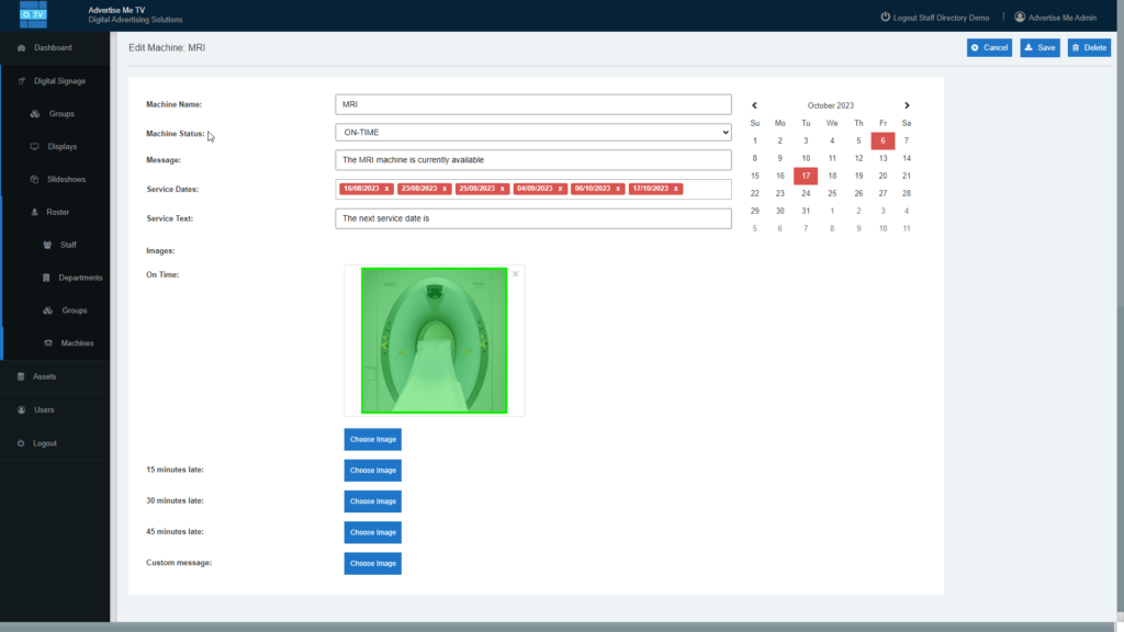 Advertise Me TV DIGITAL SIGNAGE SOFTWARE IN MEDICAL CENTRES Staff Roster Module Machines