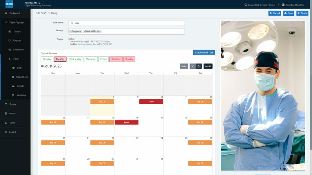 Advertise Me TV DIGITAL SIGNAGE SOFTWARE IN MEDICAL CENTRES Staff Roster Slideshow day off