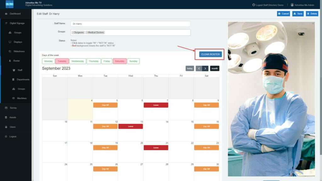 Advertise Me Digital Signage Software HOW TO SETUP ROSTER SCHEDULING IN THE STAFF ROSTER MODULE clear roster Advertise Me Digital Signage Software HOW TO SETUP ROSTER SCHEDULING IN THE STAFF ROSTER MODULE clear roster