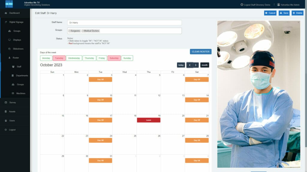 Advertise Me Digital Signage Software HOW TO SETUP ROSTER SCHEDULING IN THE STAFF ROSTER MODULE date selection next month Advertise Me Digital Signage Software HOW TO SETUP ROSTER SCHEDULING IN THE STAFF ROSTER MODULE date selection next month